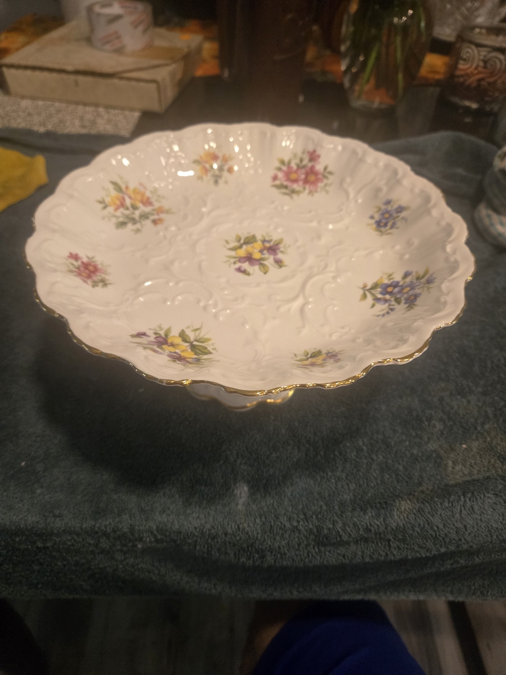 Vintage Queen's Rosina Fine Bone China 10" Pedestal Cake Stand Floral Gold Trim